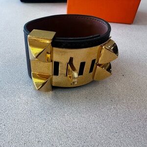 Authentic Hermes Collier de Chain CDC bracelet T3 Gold with dark brown leather